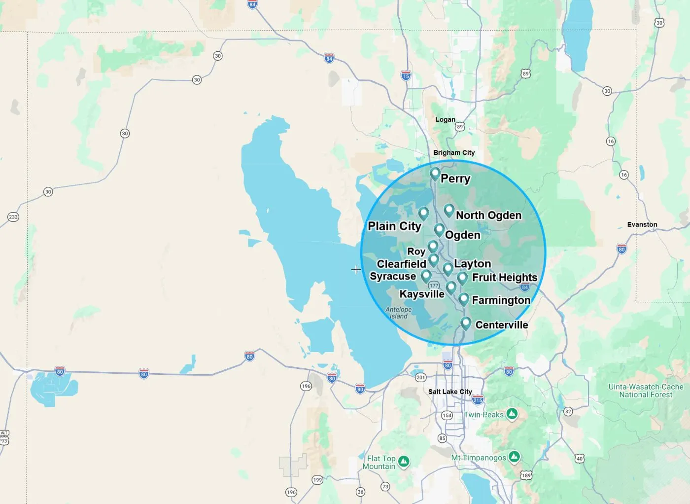 Map of APC Curb & Gutter service areas around Perry, Utah